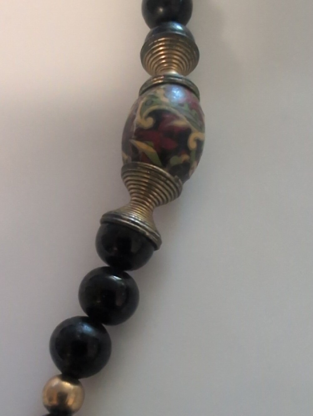 VTG 70's Opera Length French Jet Glass And Cloisonne Bead Necklace